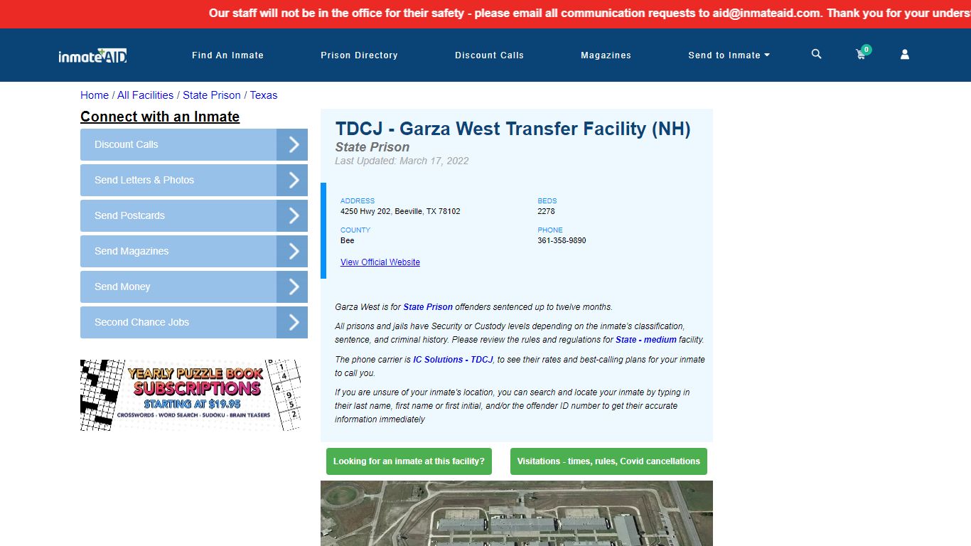 TDCJ - Garza West Transfer Facility (NH) & Inmate Search ...